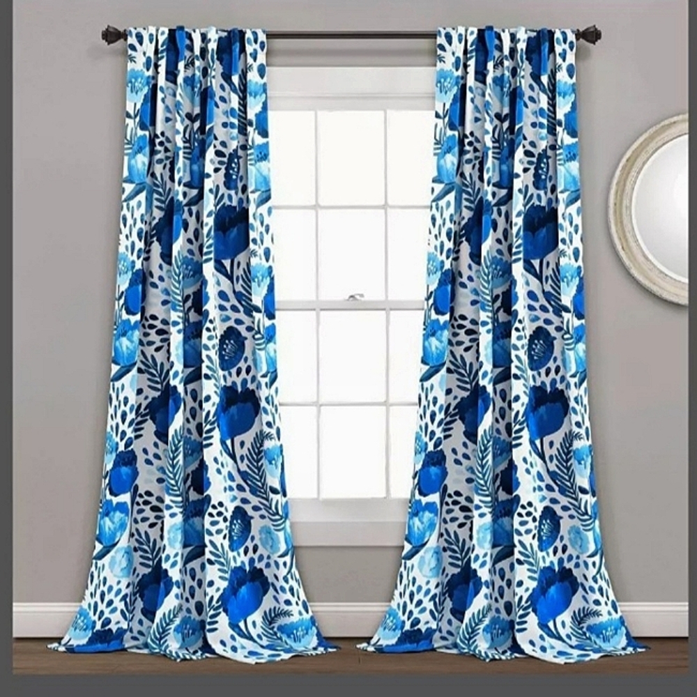 NWT Beautiful "LUSH" Set 2 "Poppy Garden"  Light Filtering Blue Window Panels